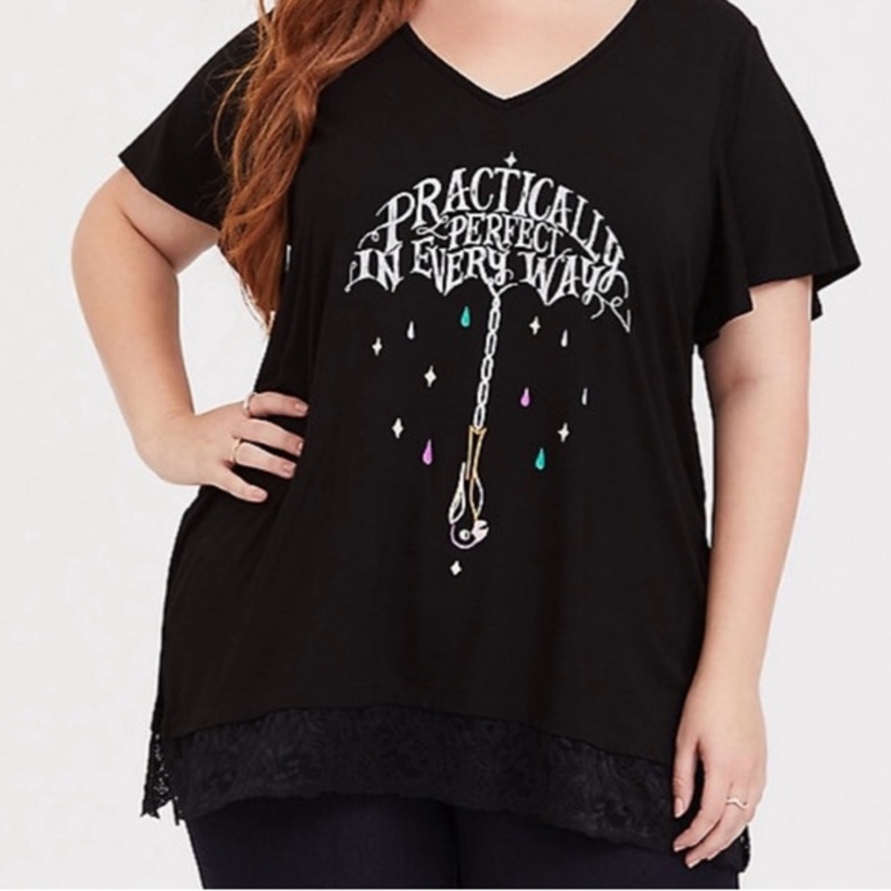 New Torrid Black "Practically Perfect in Every Way" V-Neck Short Sleeve Tee Sz 1